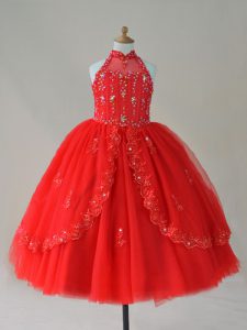 New Arrival Red Sleeveless Tulle Lace Up Little Girls Pageant Dress Wholesale for Wedding Party