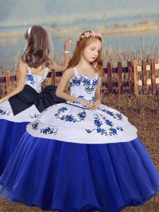 Floor Length Blue Kids Pageant Dress Organza Sleeveless Embroidery