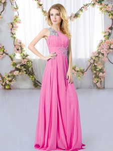 Rose Pink Sleeveless Beading Floor Length Bridesmaids Dress