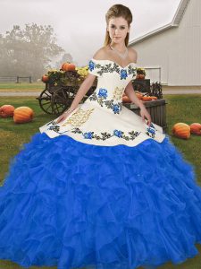 Elegant Royal Blue Organza Lace Up Vestidos de Quinceanera Sleeveless Floor Length Embroidery and Ruffles
