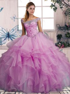 Lilac Organza Lace Up 15 Quinceanera Dress Sleeveless Floor Length Beading and Ruffles