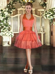 Orange Red Tulle Lace Up Prom Party Dress Sleeveless Mini Length Ruffled Layers