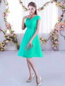 High Class Turquoise V-neck Lace Up Ruching Dama Dress Cap Sleeves