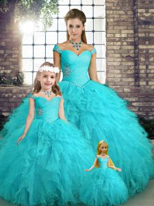 Modest Aqua Blue Tulle Lace Up Ball Gown Prom Dress Sleeveless Floor Length Beading and Ruffles