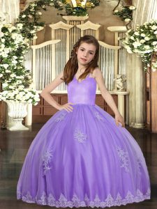 Lavender Lace Up Straps Appliques Pageant Dress for Womens Tulle Sleeveless