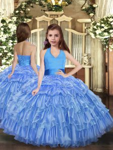 Custom Fit Blue Halter Top Lace Up Ruffled Layers Child Pageant Dress Sleeveless