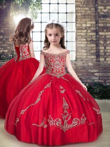 Adorable Red Ball Gowns Beading Girls Pageant Dresses Lace Up Tulle Sleeveless Floor Length