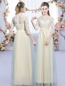 Unique Tulle High-neck Half Sleeves Zipper Lace and Bowknot Wedding Guest Dresses in Champagne