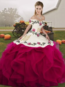 Glittering Floor Length Lace Up 15 Quinceanera Dress Fuchsia for Military Ball and Sweet 16 and Quinceanera with Embroid