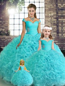 Most Popular Fabric With Rolling Flowers Off The Shoulder Sleeveless Lace Up Beading 15 Quinceanera Dress in Aqua Blue