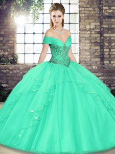 Custom Designed Tulle Sleeveless Floor Length Quince Ball Gowns and Beading and Ruffles
