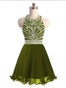 Romantic Olive Green Halter Top Lace Up Beading Prom Dress Sleeveless