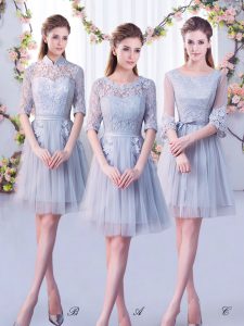 Stylish Grey Half Sleeves Mini Length Lace Lace Up Quinceanera Court of Honor Dress