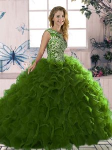 Scoop Sleeveless Lace Up 15 Quinceanera Dress Olive Green Organza
