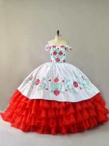 Delicate Off The Shoulder Sleeveless Organza 15th Birthday Dress Embroidery and Ruffled Layers Court Train Lace Up