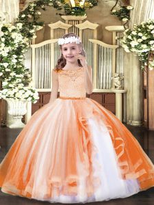 Customized Sleeveless Tulle Floor Length Zipper Pageant Dress for Girls in Orange with Lace