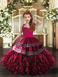 Graceful Sleeveless Organza Floor Length Lace Up Little Girl Pageant Dress in Hot Pink and Fuchsia with Appliques and Ru