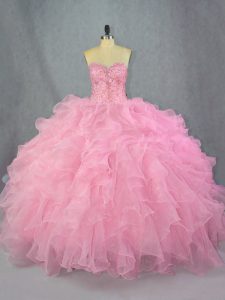 Stunning Pink Ball Gowns Beading and Ruffles Sweet 16 Dress Lace Up Organza Sleeveless Floor Length
