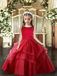 Low Price Floor Length Lace Up Little Girl Pageant Dress Red for Party and Wedding Party with Ruffled Layers