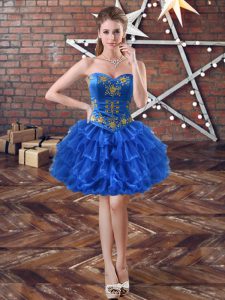 Royal Blue Organza Lace Up Homecoming Dress Sleeveless Mini Length Embroidery and Ruffled Layers
