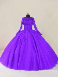 Scalloped Long Sleeves Quinceanera Dresses Floor Length Lace and Appliques Purple Tulle