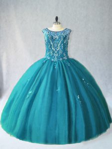 Scoop Sleeveless Quinceanera Gowns Floor Length Beading Teal Tulle