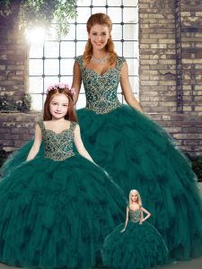 Floor Length Ball Gowns Sleeveless Peacock Green 15 Quinceanera Dress Lace Up