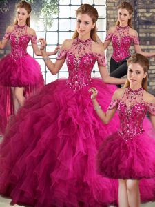 Fuchsia Ball Gowns Halter Top Sleeveless Tulle Floor Length Lace Up Beading and Ruffles Sweet 16 Dress