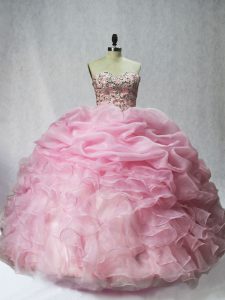 Sweet Sweetheart Sleeveless Ball Gown Prom Dress Floor Length Beading and Ruffles and Pick Ups Baby Pink Organza
