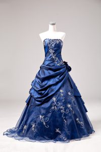 Blue Lace Up Quinceanera Dresses Sleeveless Floor Length Embroidery and Hand Made Flower