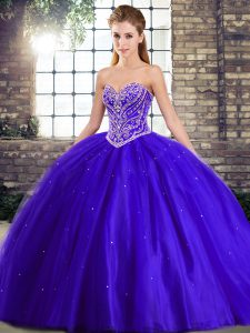 Blue Ball Gowns Tulle Sweetheart Sleeveless Beading Lace Up Vestidos de Quinceanera Brush Train