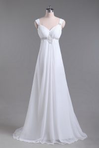 Decent Chiffon Straps Sleeveless Brush Train Lace Up Beading Wedding Dresses in White