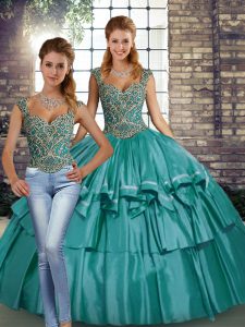 Modest Beading and Ruffled Layers Ball Gown Prom Dress Teal Lace Up Sleeveless Floor Length