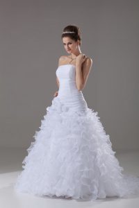 Fabulous Sleeveless Organza Brush Train Lace Up Wedding Dress in White with Ruffles