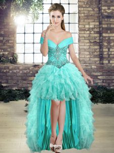 Designer Off The Shoulder Sleeveless Lace Up Prom Party Dress Aqua Blue Organza