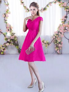 V-neck Cap Sleeves Lace Up Wedding Party Dress Hot Pink Lace