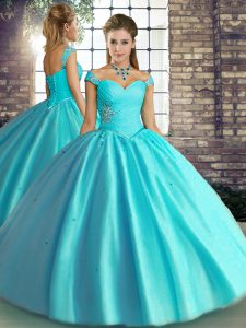 Pretty Sleeveless Tulle Floor Length Lace Up Quinceanera Dress in Aqua Blue with Beading