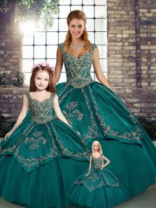 Fashion Teal Ball Gowns Straps Sleeveless Tulle Floor Length Lace Up Beading and Embroidery 15 Quinceanera Dress