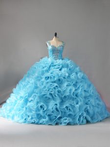 Beauteous Baby Blue Zipper Straps Beading and Ruffles Vestidos de Quinceanera Fabric With Rolling Flowers Sleeveless Cou