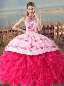 Latest Hot Pink Halter Top Neckline Embroidery and Ruffles Quinceanera Dress Sleeveless Lace Up