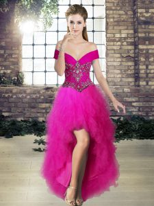 Customized Sleeveless Tulle High Low Lace Up Homecoming Dress in Fuchsia with Beading and Ruffles