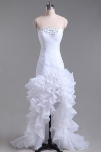 Wonderful White Zipper Bridal Gown Beading and Ruffles Sleeveless High Low