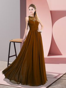 Brown Empire Lace Homecoming Dress Zipper Chiffon Sleeveless Floor Length
