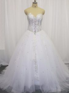 White Sleeveless Tulle Court Train Lace Up Wedding Gown for Wedding Party