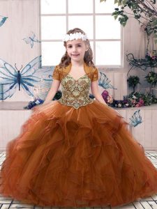Tulle Straps Sleeveless Lace Up Beading and Ruffles Kids Pageant Dress in Rust Red