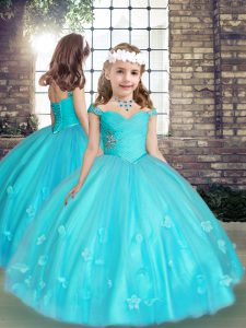 Aqua Blue Straps Neckline Beading and Hand Made Flower Little Girl Pageant Dress Sleeveless Lace Up