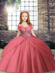 Ball Gowns Little Girls Pageant Dress Watermelon Red Straps Tulle Sleeveless Floor Length Lace Up