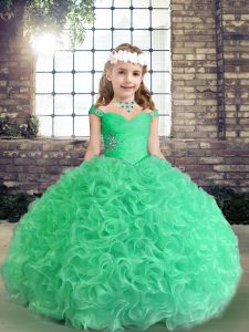 Stunning Apple Green Sleeveless Fabric With Rolling Flowers Lace Up Little Girls Pageant Gowns for Prom