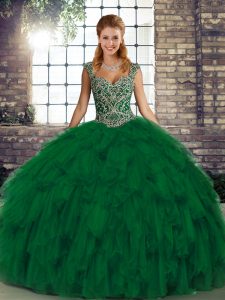 Fashion Green Quinceanera Gown Military Ball and Sweet 16 and Quinceanera with Beading and Ruffles Straps Sleeveless Lac