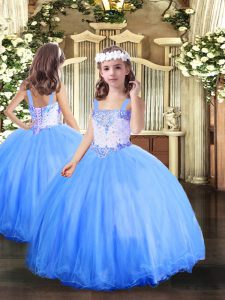 New Style Baby Blue Straps Neckline Beading Child Pageant Dress Sleeveless Lace Up